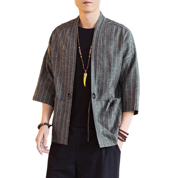 hoho 2020 men's cotton and linen 7 minutes of sleeve one-button shirt young vintage stripe shirts, White;black
hoho 2020 men's cotton and linen 7 minutes of sleeve one-button shirt young vintage stripe shirts, White;black