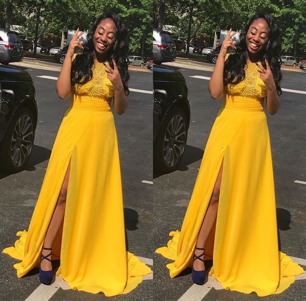 2019 black girls front split chiffon prom dresses yellow beaded evening gown floor length nigeria special occasion dress
2019 black girls front split chiffon prom dresses yellow beaded evening gown floor length nigeria special occasion dress
