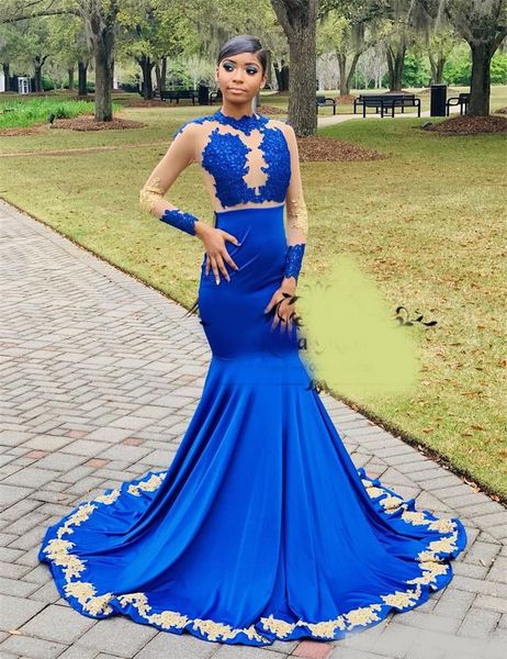 royal blue mermaid prom dresses 2020 gold lace appliques long sleeves sequined beaded african arabic girls graduation gowns, Black
royal blue mermaid prom dresses 2020 gold lace appliques long sleeves sequined beaded african arabic girls graduation gowns, Black