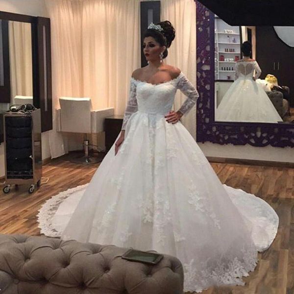 arabic off shoulder long sleeves lace wedding dresses with appliques sweep train tulle a line wedding bridal gowns, White
arabic off shoulder long sleeves lace wedding dresses with appliques sweep train tulle a line wedding bridal gowns, White