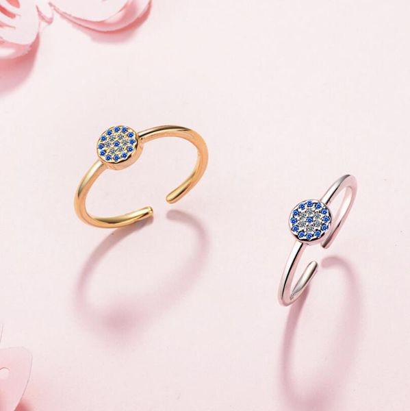 

micro-inlaid zircon round shaped opening rings with blue zircon embellished or women 925 sterling silver jewelry s-r323, Slivery;golden