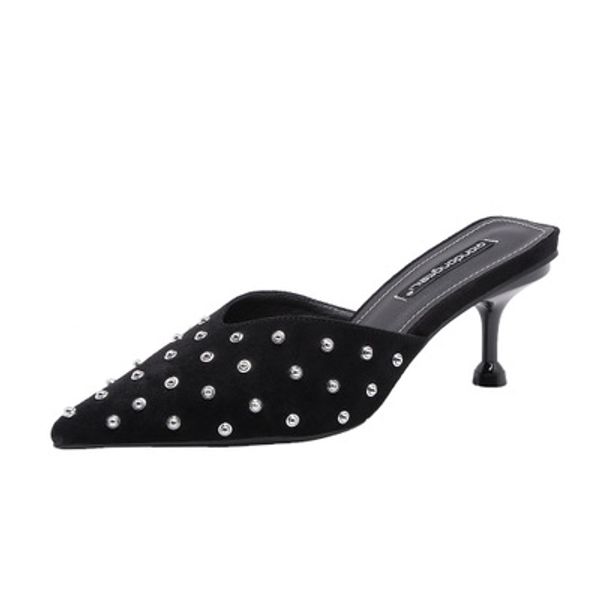 2020 summer new high-heeled pointed baotou rivet female sandals and slippers middle heel half drag, Black
2020 summer new high-heeled pointed baotou rivet female sandals and slippers middle heel half drag, Black
