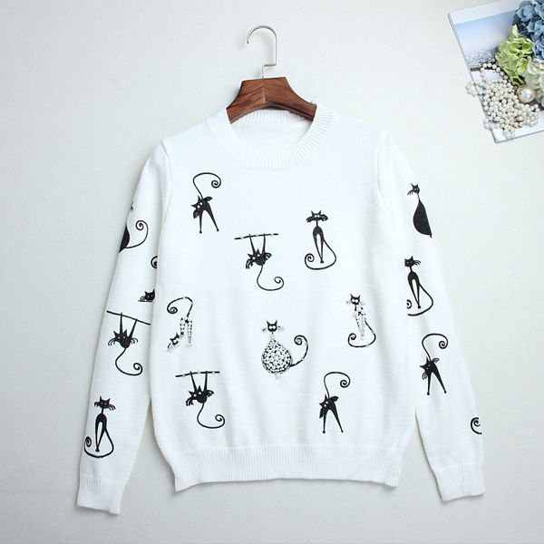 women's sweaters round neck hedging outer wear base wild cat embroidery beaded diamond sweater thin women autumn and winter, White;black
women's sweaters round neck hedging outer wear base wild cat embroidery beaded diamond sweater thin women autumn and winter, White;black