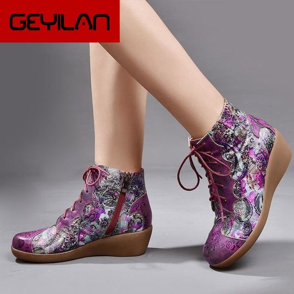 2019 autumn new genuine leather shoes ankle boots ethnic style print flower round toe comfortable soft wedge boots, Black
2019 autumn new genuine leather shoes ankle boots ethnic style print flower round toe comfortable soft wedge boots, Black