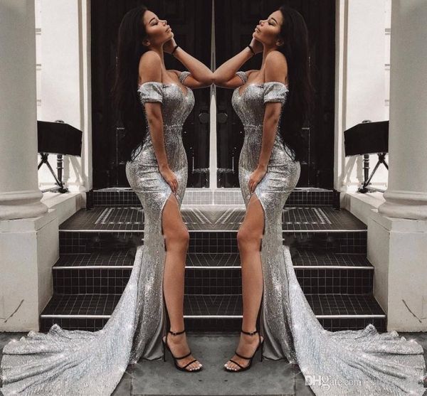 Reflective Silver Sequined Mermaid Prom Evening Dresses Elegant Off Shoulders Long Vestidos de fiesta Split Evening Gowns
Reflective Silver Sequined Mermaid Prom Evening Dresses Elegant Off Shoulders Long Vestidos de fiesta Split Evening Gowns