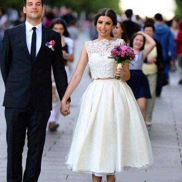 2020 two pieces a line wedding dresses sleeveless lace bridal gowns tea length short dress, White
2020 two pieces a line wedding dresses sleeveless lace bridal gowns tea length short dress, White