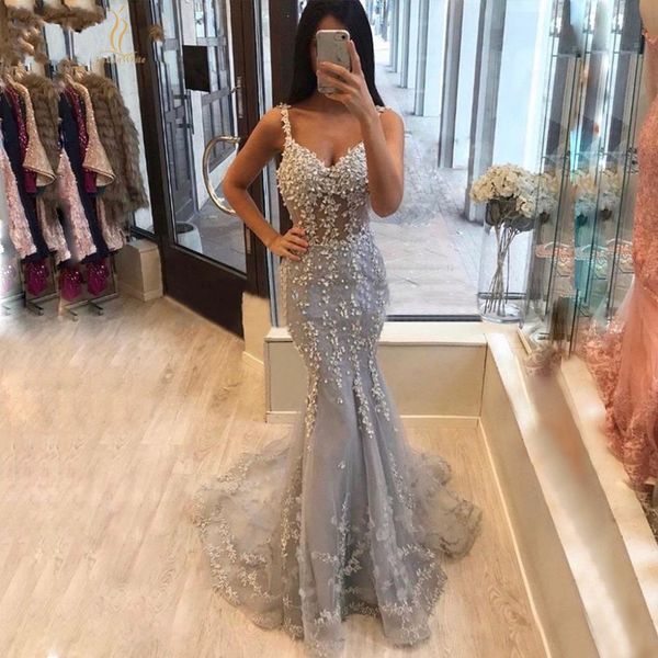 lace mermaid evening dress light grey spaghetti straps long prom party gown flowers tail illusion bodice for pageant, Black
lace mermaid evening dress light grey spaghetti straps long prom party gown flowers tail illusion bodice for pageant, Black