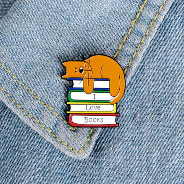 

i love books enamel pin cat reading brooches bag clothes lapel pin badge funny sleeping kitten jewelry gift for kids friends, Gray