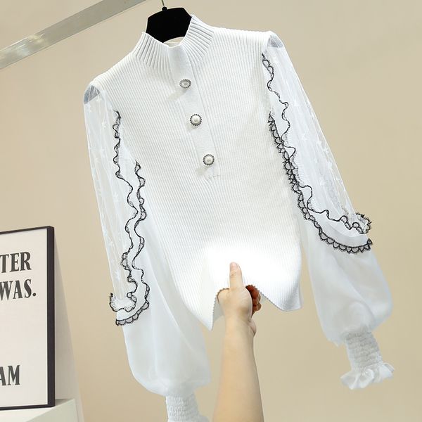 fashion mesh panel ruffle trim button decorative elegant shirt leaf bell-sleeve blouse ladies cropped shirt pull femme, White
fashion mesh panel ruffle trim button decorative elegant shirt leaf bell-sleeve blouse ladies cropped shirt pull femme, White