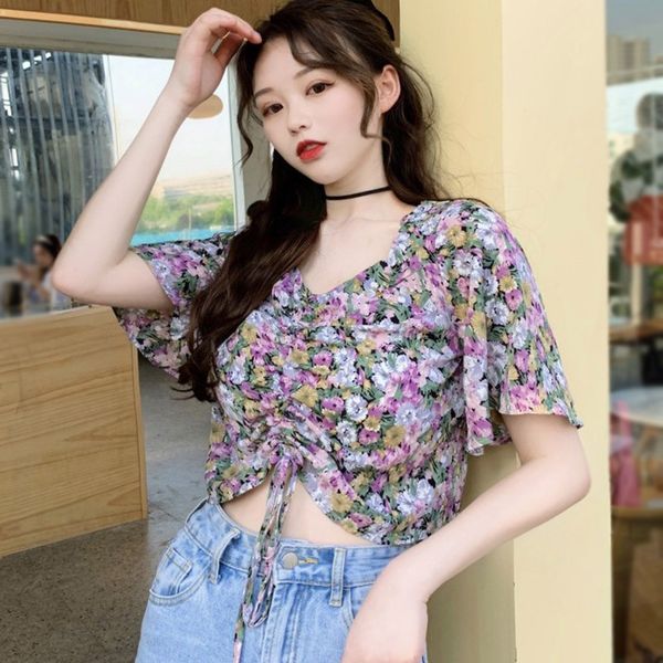 sweet floral print chiddon blouse women 2020 summer casual short short sleeve drawstring v neck shirt, White
sweet floral print chiddon blouse women 2020 summer casual short short sleeve drawstring v neck shirt, White