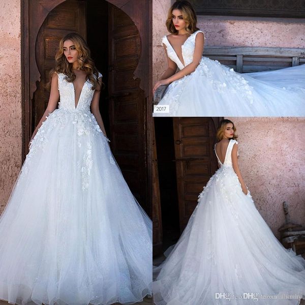 arabic dubai deep v neck lace a line plus size wedding dresses tulle applique 3d floral backless sweep train wedding dress bridal gowns, White
arabic dubai deep v neck lace a line plus size wedding dresses tulle applique 3d floral backless sweep train wedding dress bridal gowns, White