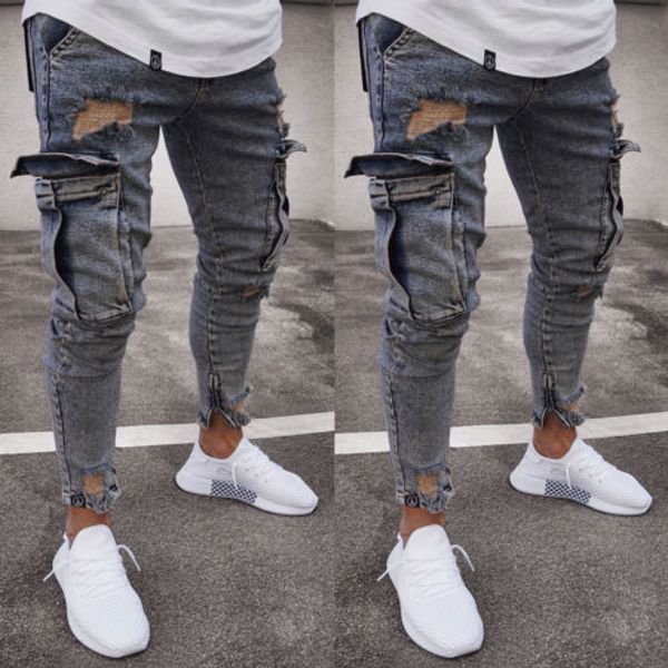 fashion men's ripped skinny biker jeans frayed slim fit long denim pants hole biker jeans, Blue 
fashion men's ripped skinny biker jeans frayed slim fit long denim pants hole biker jeans, Blue