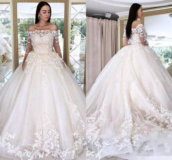 elegant off shoulder wedding dresses 3d floral applique 3/4 long sleeves illusion lace wedding bridal ball gown robe de mariee, White
elegant off shoulder wedding dresses 3d floral applique 3/4 long sleeves illusion lace wedding bridal ball gown robe de mariee, White