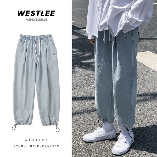 men's jeans ins hong kong style loose straight tube dad male cec couple elastic waist drawstring legging sense 9-point pants, Blue
men's jeans ins hong kong style loose straight tube dad male cec couple elastic waist drawstring legging sense 9-point pants, Blue