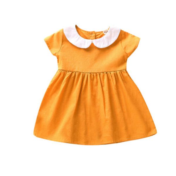 2020 new toddler baby girls casual peter pan collar solid clothes a-line dress princess short sleeve button fashion sundress, Red;yellow 
2020 new toddler baby girls casual peter pan collar solid clothes a-line dress princess short sleeve button fashion sundress, Red;yellow