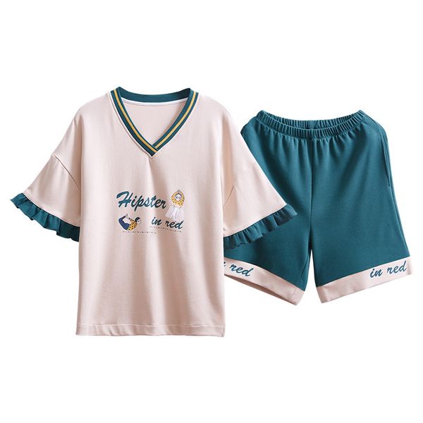 summer 2019 pajamas women fashion v-neck striped ruffled stitching t-shirt+shorts 2 sets of sleepwear casual loose home clothing, Blue;gray
summer 2019 pajamas women fashion v-neck striped ruffled stitching t-shirt+shorts 2 sets of sleepwear casual loose home clothing, Blue;gray