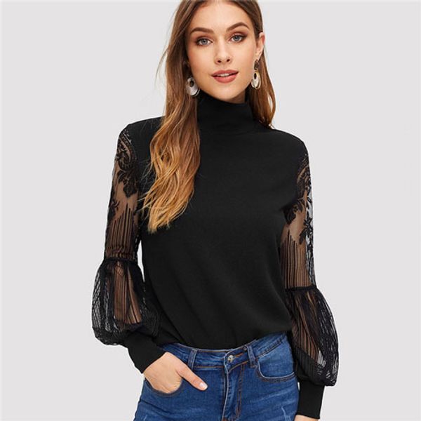women high neck lace lantern sleeve fashion mesh blouse women's long sleeve pattern printing ladies, White
women high neck lace lantern sleeve fashion mesh blouse women's long sleeve pattern printing ladies, White