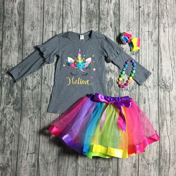 grey chromatic skirt unicorn floral long sleeve baby girls spring boutique children clothes bubble match accessories ruffles top, White 
grey chromatic skirt unicorn floral long sleeve baby girls spring boutique children clothes bubble match accessories ruffles top, White