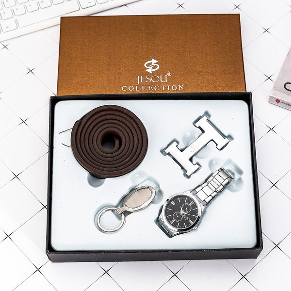 3pcs/set gift belt + large dial quartz watch + key chain, Slivery;brown 
3pcs/set gift belt + large dial quartz watch + key chain, Slivery;brown