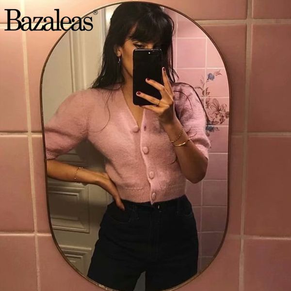bazaleas harajuku vintage short sleeve women coat casual rose pink candy hues kintted carfigans v neck buttons sweater, White
bazaleas harajuku vintage short sleeve women coat casual rose pink candy hues kintted carfigans v neck buttons sweater, White