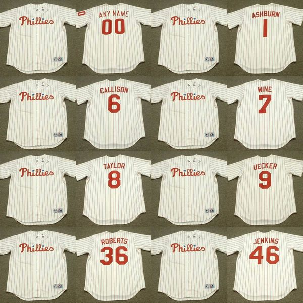 

philadelphia 1 richie ashburn 6 johnny callison 7 bobby wine 8 tony taylor 9 bob uecker 36 robin roberts 46 ferguson jenkins baseball jersey, Black