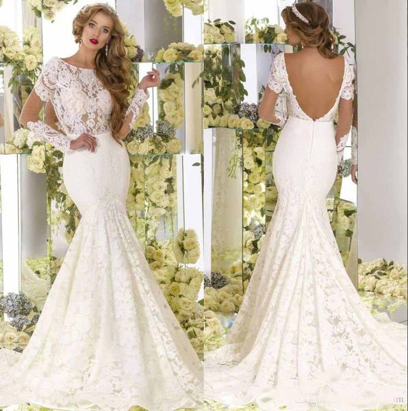 fashion mermaid lace wedding dresses with long sleeves bateau neck backless bridal gowns sweep train trumpet wedding dress, White
fashion mermaid lace wedding dresses with long sleeves bateau neck backless bridal gowns sweep train trumpet wedding dress, White