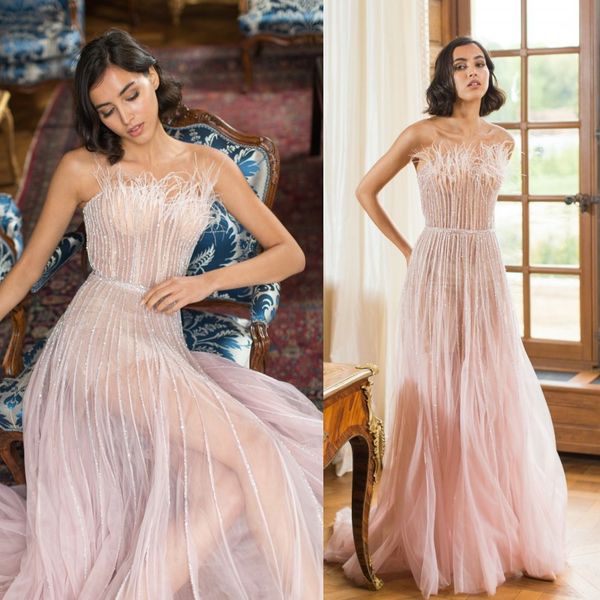 simple a line sophiecouture prom dresse strapless sleeveless tulle lace crystal feather party dress floor length robes de soirée, Black