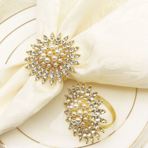 

10 pcs/lote l napkin holder metal flower round napkin ring pearl buckle christmas wedding party decoration