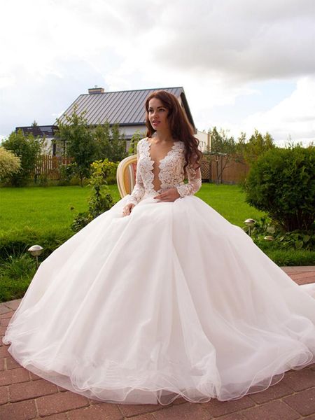 ball gown romantic 2019 wedding dresses sheer deep v neck transparent back lace tulle bridal gowns robes de soiré custom plus size, White
ball gown romantic 2019 wedding dresses sheer deep v neck transparent back lace tulle bridal gowns robes de soiré custom plus size, White
