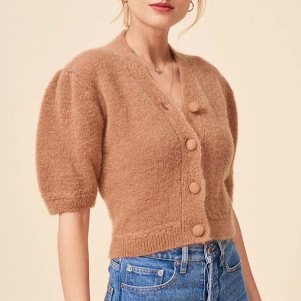 women's knits & tees v-neck short puff sleeve knit cardigan single breasted solid color sweater knitted coat, White
women's knits & tees v-neck short puff sleeve knit cardigan single breasted solid color sweater knitted coat, White