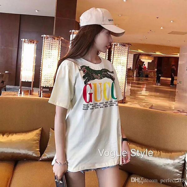 2018 summer italy sequins colored leopard print crew women's short sleeve t-shirt, White
2018 summer italy sequins colored leopard print crew women's short sleeve t-shirt, White