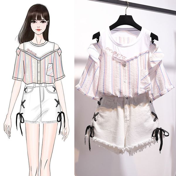 summer women's suits lady school cloth short sleeve striped blouse jean shorts casual two pieces sets, White
summer women's suits lady school cloth short sleeve striped blouse jean shorts casual two pieces sets, White