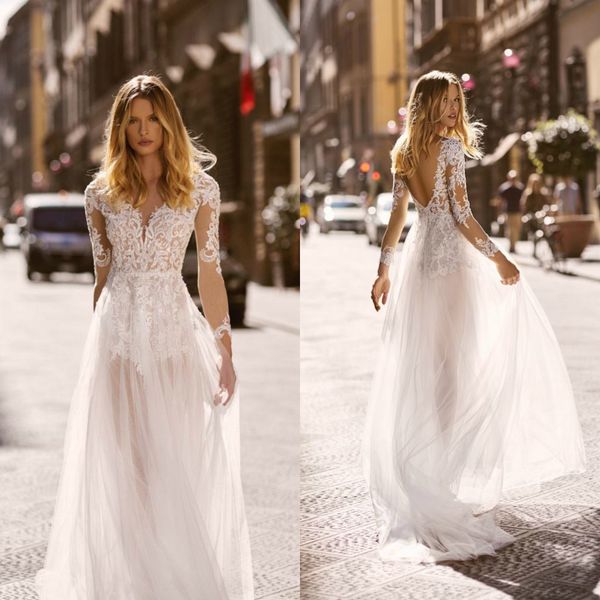long sleeve 2020 wedding dresses lace appliqued beach boho v neck tulle a line bridal gowns vestido de novia, White
long sleeve 2020 wedding dresses lace appliqued beach boho v neck tulle a line bridal gowns vestido de novia, White