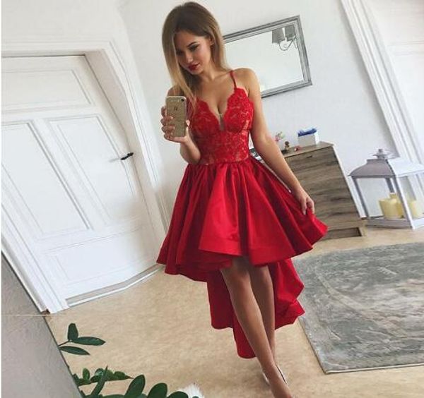 2019 red high low prom dresses v neck spaghetti straps lace satin party dresses prom gowns applique asymmetrical dresses for homecoming, Black
2019 red high low prom dresses v neck spaghetti straps lace satin party dresses prom gowns applique asymmetrical dresses for homecoming, Black