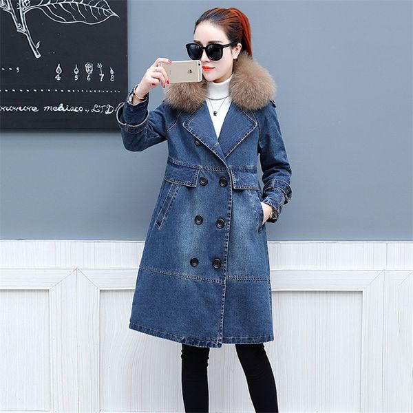 imitation big fur collar denim jacket women medium long parkas 2019 winter thick double-breasted cotton coats female jia396, Tan;black
imitation big fur collar denim jacket women medium long parkas 2019 winter thick double-breasted cotton coats female jia396, Tan;black
