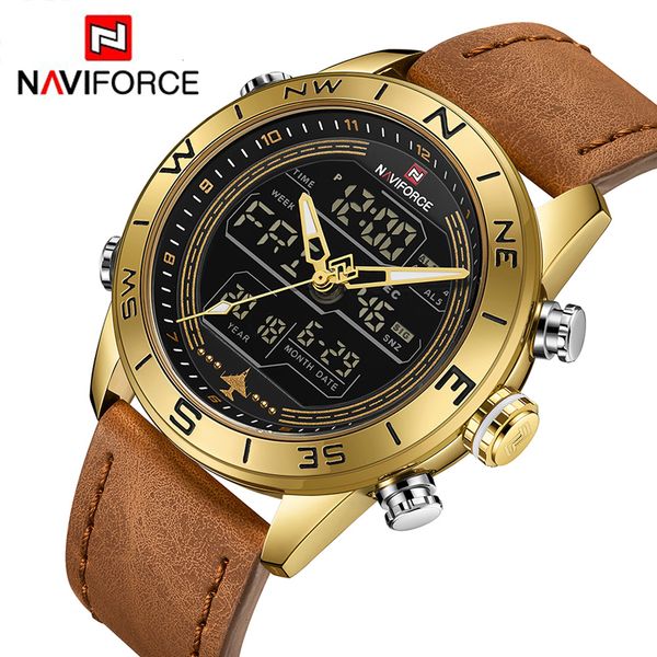 naviforce 9144 fashion gold men sport watches mens led analog digital watch army military leather quartz watch relogio masculino ly191213, Slivery;brown