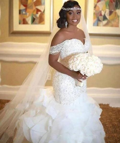 2019 African Mermaid Wedding Dresses Ruffles Organza Off The Shoulder Pearls Lace up Back Bridal Gowns Appliques Lace Wedding Gowns
2019 African Mermaid Wedding Dresses Ruffles Organza Off The Shoulder Pearls Lace up Back Bridal Gowns Appliques Lace Wedding Gowns