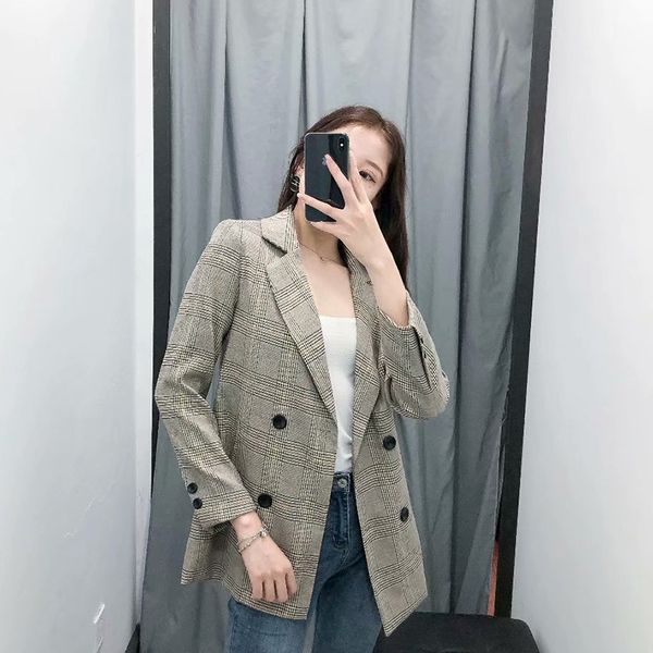 women's suits & blazers philosophy 2021 autumn long sleeve plaid jackets vintage loose female double breasted casual outwears, White;black
women's suits & blazers philosophy 2021 autumn long sleeve plaid jackets vintage loose female double breasted casual outwears, White;black