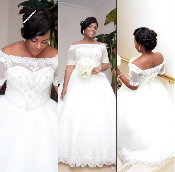 african off sleeves illusion a line wedding dresses lace appliques crystal beaded sheer tulle sweep train plus size formal bridal gown, White
african off sleeves illusion a line wedding dresses lace appliques crystal beaded sheer tulle sweep train plus size formal bridal gown, White