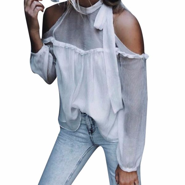 women solid off shoulder chiffon long sleeve bandage halter blouse foulard blusas mujer de moda 2019 fashion design, White
women solid off shoulder chiffon long sleeve bandage halter blouse foulard blusas mujer de moda 2019 fashion design, White