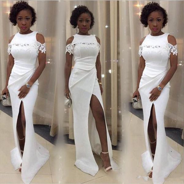 white mermaid side split prom dresses jewel neck off the shoulder lace appliques ruched africa party gown sweep train satin, Black
white mermaid side split prom dresses jewel neck off the shoulder lace appliques ruched africa party gown sweep train satin, Black
