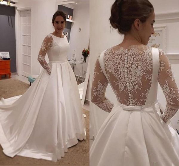 simple wedding gown bridal dresses with pocket long lace illusion sleeves hollow back ruched wedding gowns, White
simple wedding gown bridal dresses with pocket long lace illusion sleeves hollow back ruched wedding gowns, White