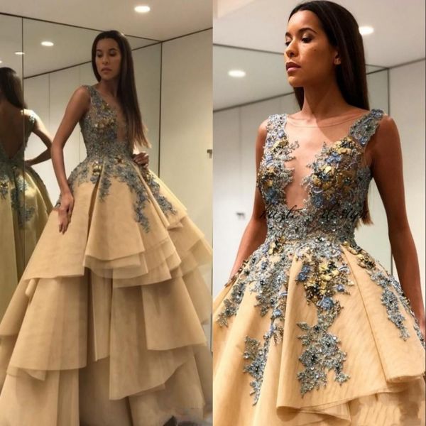 champagne 3d floral applique prom pageant dresses 2020 sheer plunging jewel tiered skirt princess evening wear party gowns, Black
champagne 3d floral applique prom pageant dresses 2020 sheer plunging jewel tiered skirt princess evening wear party gowns, Black