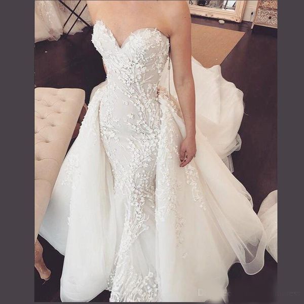 3d appliques sweetheart wedding dresses 2020 mermaid bridal dress with sweep train overskirts style custom made wedding vestidos, White
3d appliques sweetheart wedding dresses 2020 mermaid bridal dress with sweep train overskirts style custom made wedding vestidos, White