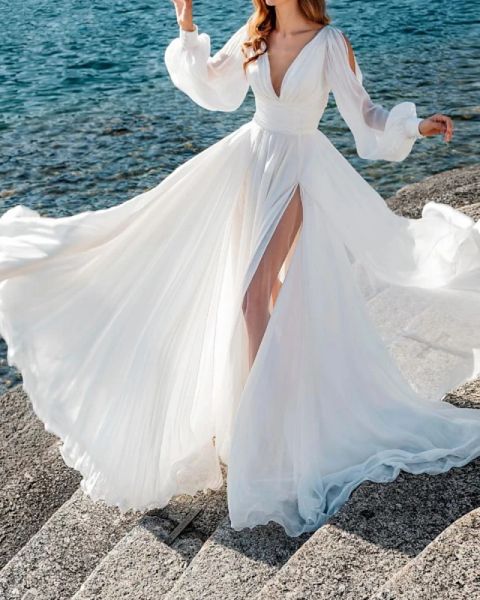 A-Line Wedding Dresses V Neck Sweep / Brush Train Chiffon Over Satin Long Sleeve Simple Beach Sexy See-Through with Split Front, White
A-Line Wedding Dresses V Neck Sweep / Brush Train Chiffon Over Satin Long Sleeve Simple Beach Sexy See-Through with Split Front, White
