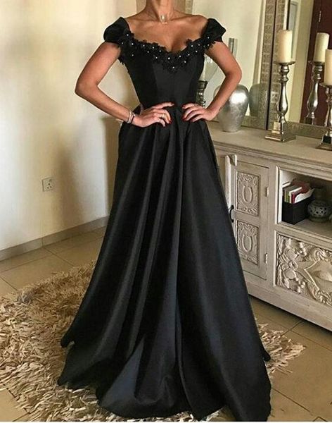 off-shoulder black satin evening dresses flowers beaded elegant formal gowns a-line african women prom dresses, Black;red
off-shoulder black satin evening dresses flowers beaded elegant formal gowns a-line african women prom dresses, Black;red