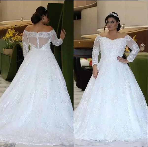 plus size off the shoulder long sleeves wedding dresses with sweep train crystal beaded lace a-line bridal gown robe de marie, White
plus size off the shoulder long sleeves wedding dresses with sweep train crystal beaded lace a-line bridal gown robe de marie, White
