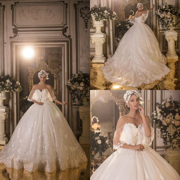 

2020 new arabic ball gown wedding dresses lace off shoulder appliques bridal gowns puffy sweep train bride vestidos de novia, White