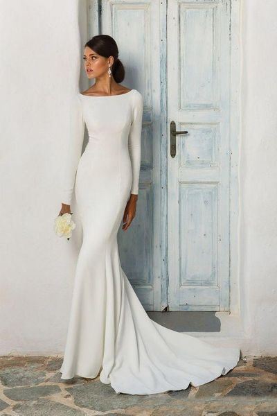 Modest Mermaid Wedding Dresses With Long Sleeves Boat Neck Covered Back Women Informal Party Gowns Reception Gowns Custom Made