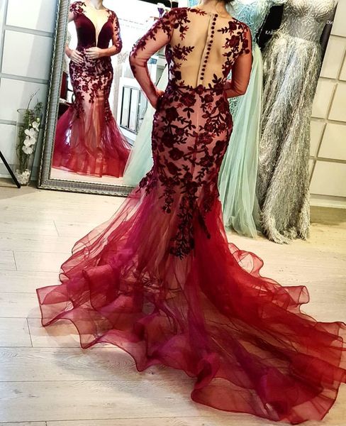 burgundy lace prom dress mermaid deep v neck illusion back see through long sleeve appliques handmade evening party gowns customize, Black
burgundy lace prom dress mermaid deep v neck illusion back see through long sleeve appliques handmade evening party gowns customize, Black
